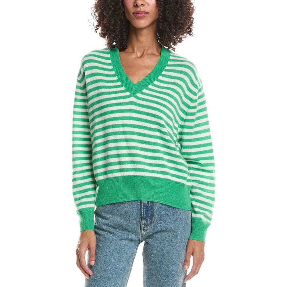 Brodie Cashmere Womens Beach Stripe V-Neck 100% Cashmere Sweater, Green